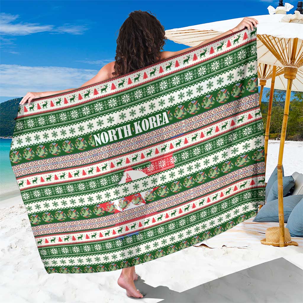 North Korea Christmas Sarong with Green-Red Design, National Emblem, and Festive Snowflake Motif - Wonder Print Shop