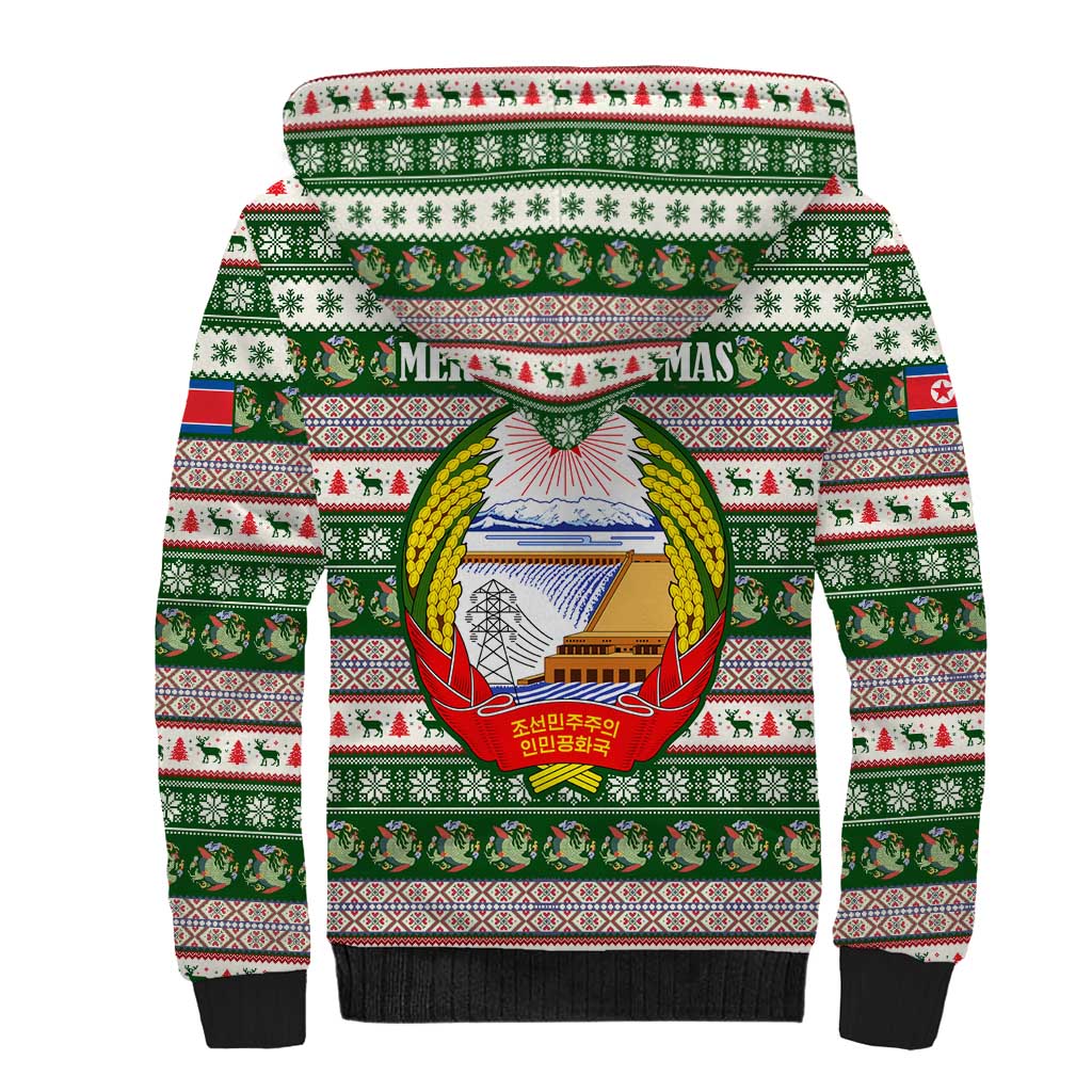 North Korea Christmas Sherpa Hoodie with Green-Red Design, National Emblem, and Festive Snowflake Motif - Wonder Print Shop
