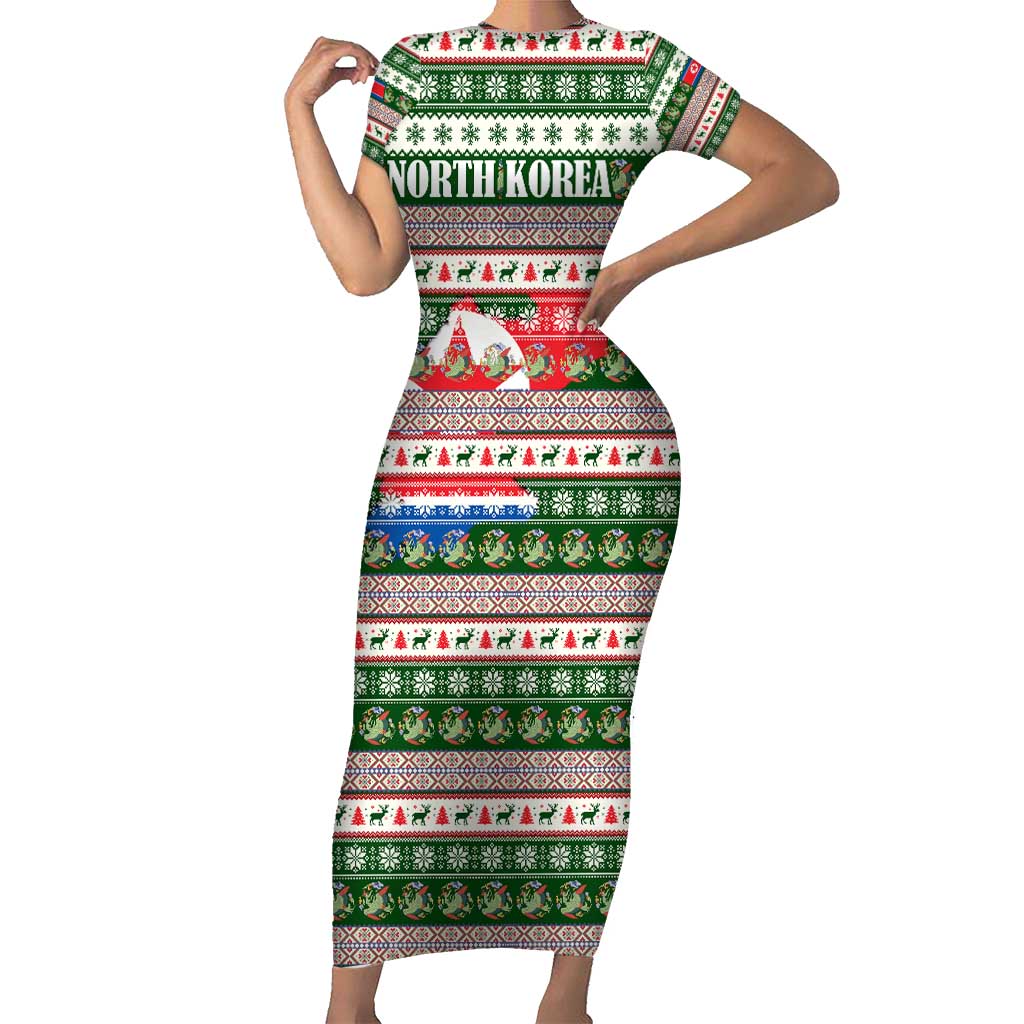 North Korea Christmas Short Sleeve Bodycon Dress with Green-Red Design, National Emblem, and Festive Snowflake Motif - Wonder Print Shop