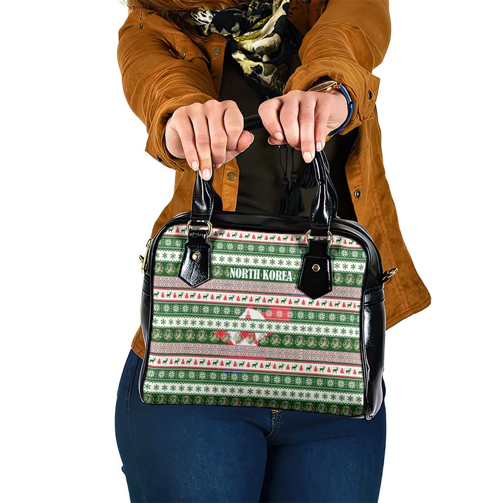 North Korea Christmas Shoulder Handbag with Green-Red Design, National Emblem, and Festive Snowflake Motif - Wonder Print Shop