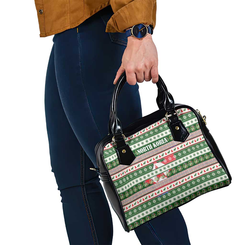 North Korea Christmas Shoulder Handbag with Green-Red Design, National Emblem, and Festive Snowflake Motif - Wonder Print Shop