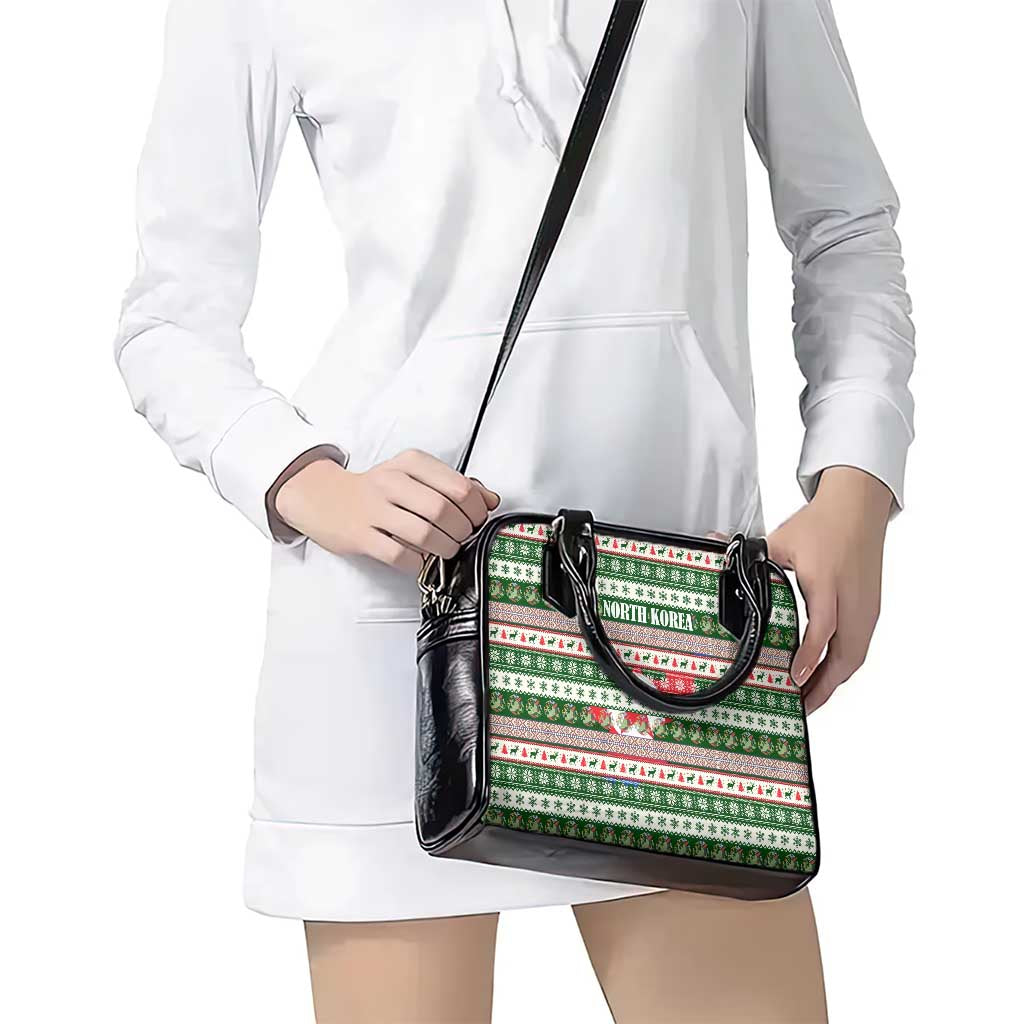 North Korea Christmas Shoulder Handbag with Green-Red Design, National Emblem, and Festive Snowflake Motif - Wonder Print Shop