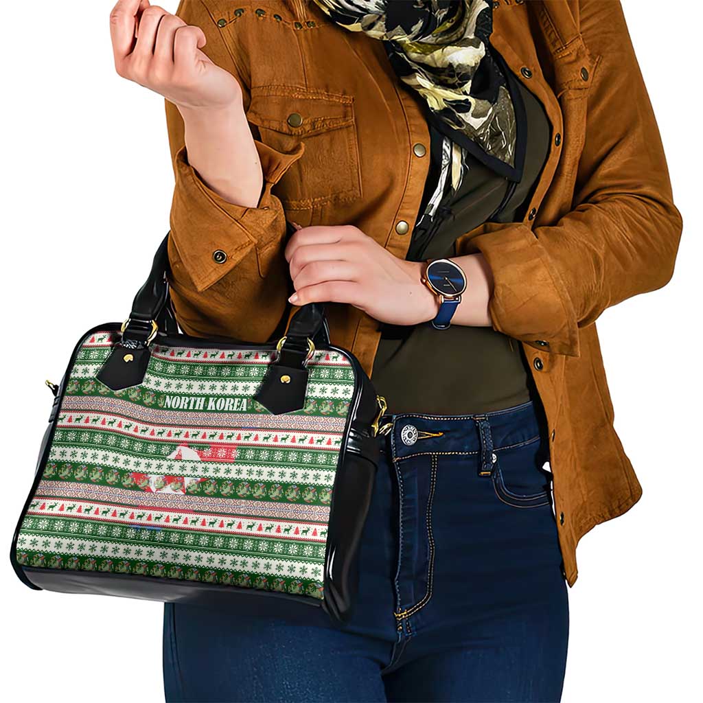 North Korea Christmas Shoulder Handbag with Green-Red Design, National Emblem, and Festive Snowflake Motif - Wonder Print Shop