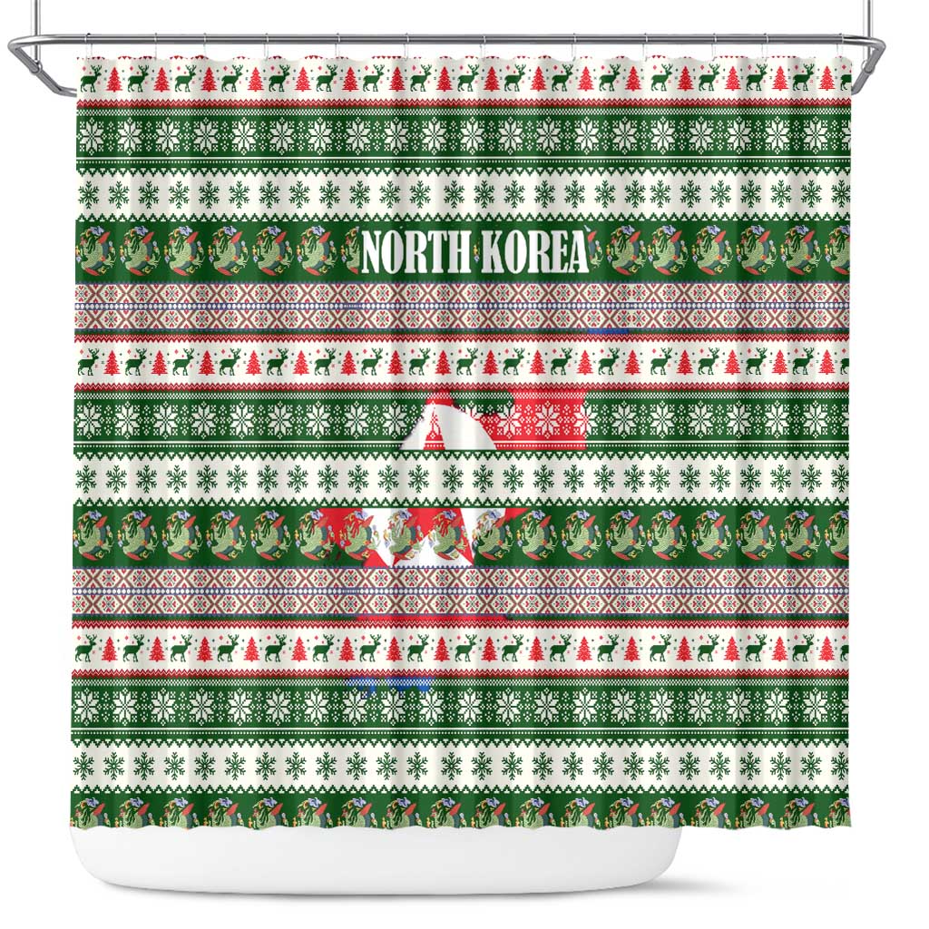 North Korea Christmas Shower Curtain with Green-Red Design, National Emblem, and Festive Snowflake Motif - Wonder Print Shop