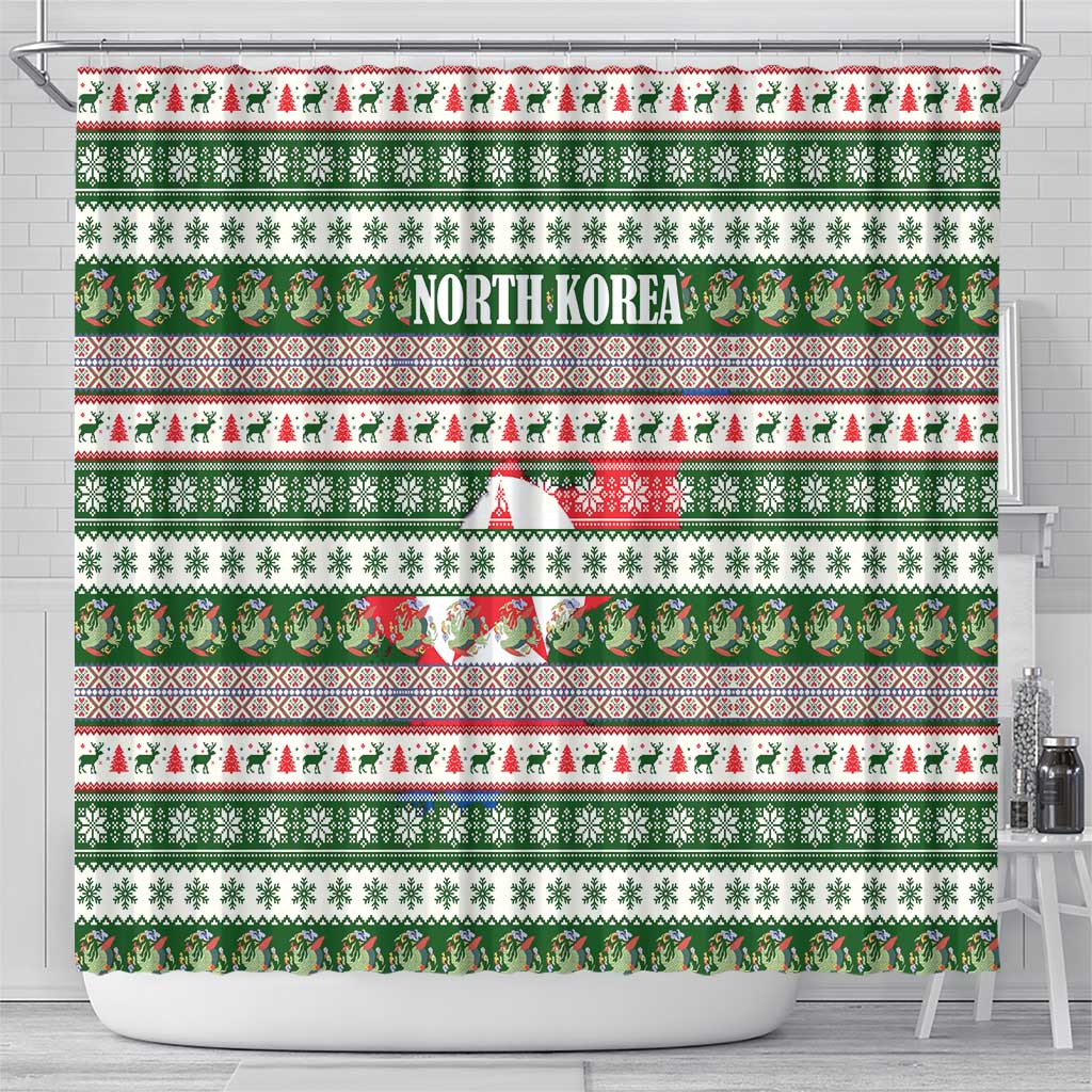 North Korea Christmas Shower Curtain with Green-Red Design, National Emblem, and Festive Snowflake Motif - Wonder Print Shop