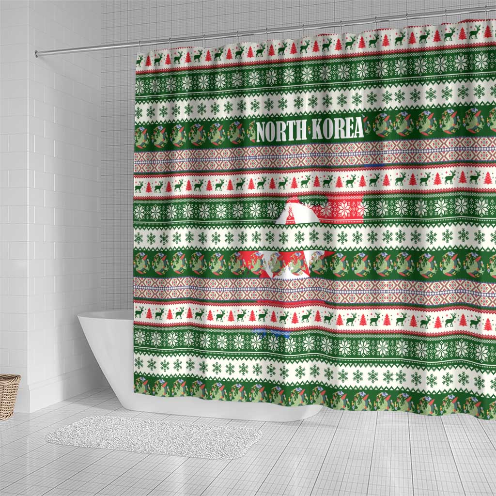 North Korea Christmas Shower Curtain with Green-Red Design, National Emblem, and Festive Snowflake Motif - Wonder Print Shop