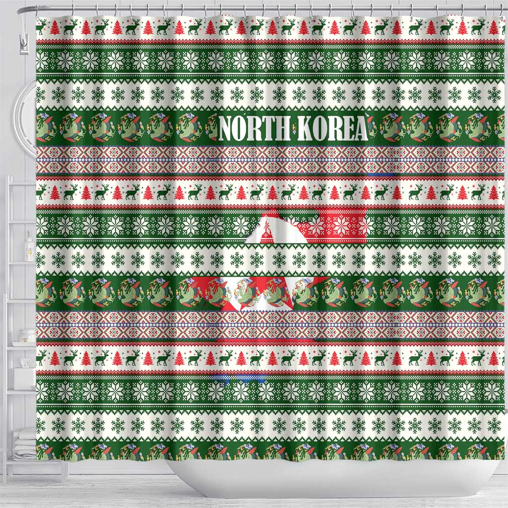 North Korea Christmas Shower Curtain with Green-Red Design, National Emblem, and Festive Snowflake Motif - Wonder Print Shop