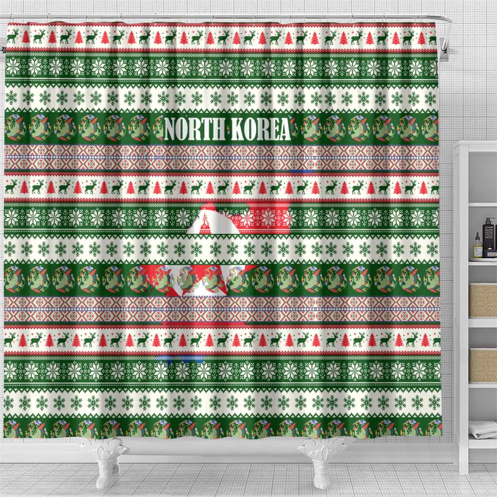 North Korea Christmas Shower Curtain with Green-Red Design, National Emblem, and Festive Snowflake Motif - Wonder Print Shop