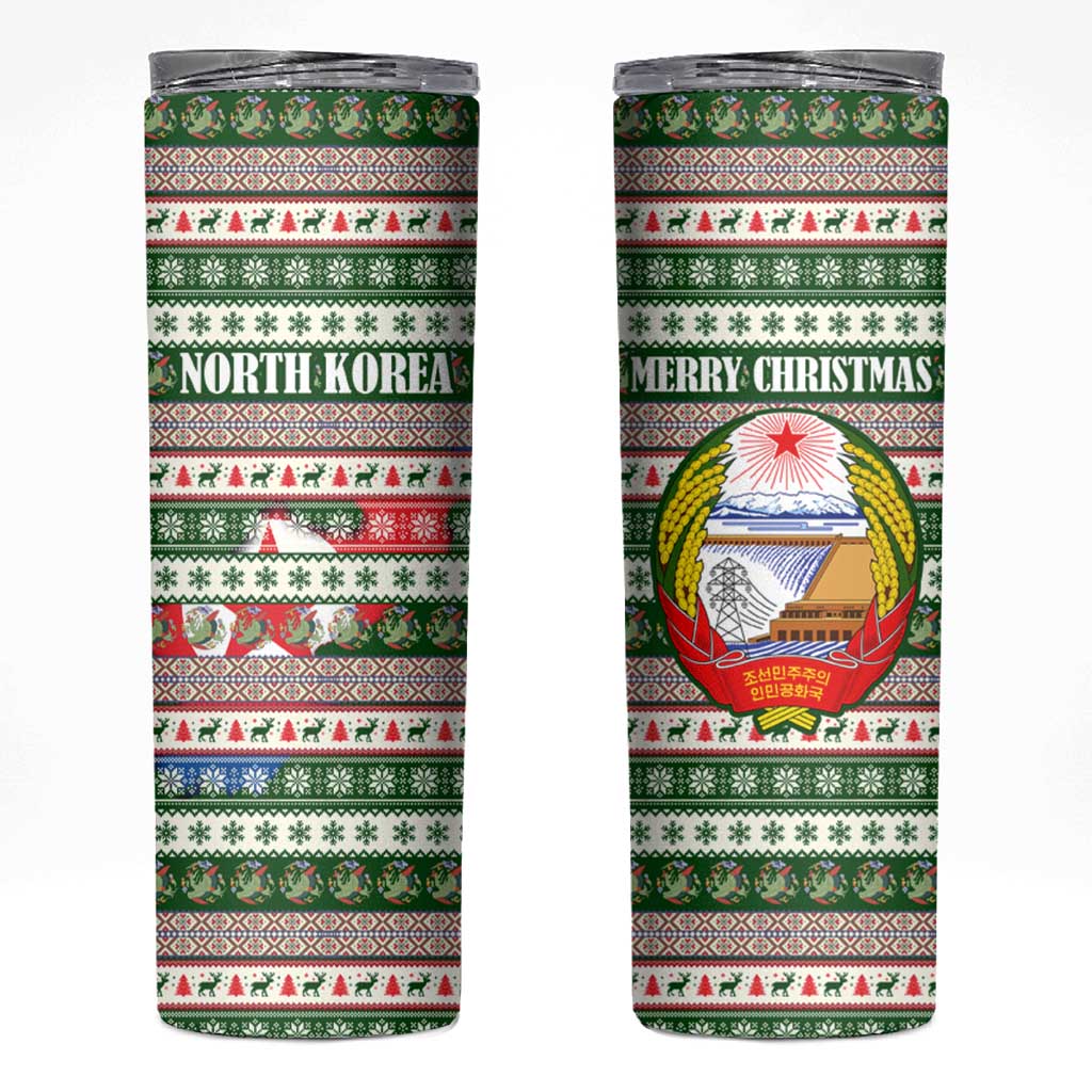 North Korea Christmas Skinny Tumbler with Green-Red Design, National Emblem, and Festive Snowflake Motif - Wonder Print Shop