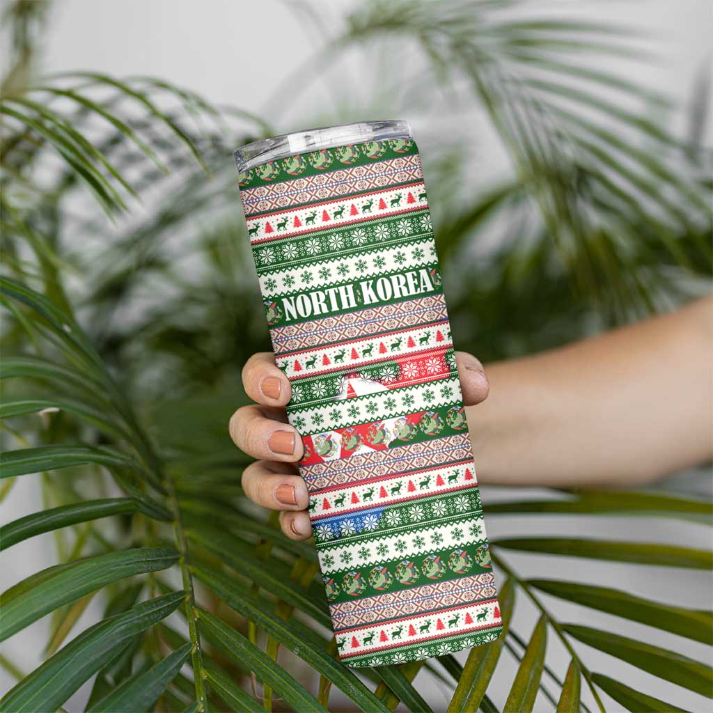 North Korea Christmas Skinny Tumbler with Green-Red Design, National Emblem, and Festive Snowflake Motif - Wonder Print Shop