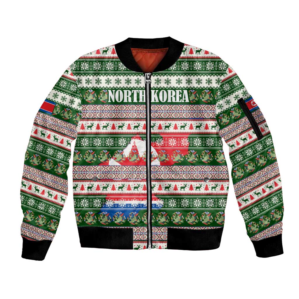 North Korea Christmas Sleeve Zip Bomber Jacket with Green-Red Design, National Emblem, and Festive Snowflake Motif - Wonder Print Shop