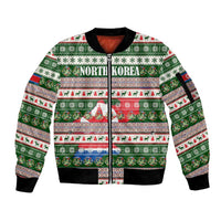 North Korea Christmas Sleeve Zip Bomber Jacket with Green-Red Design, National Emblem, and Festive Snowflake Motif - Wonder Print Shop