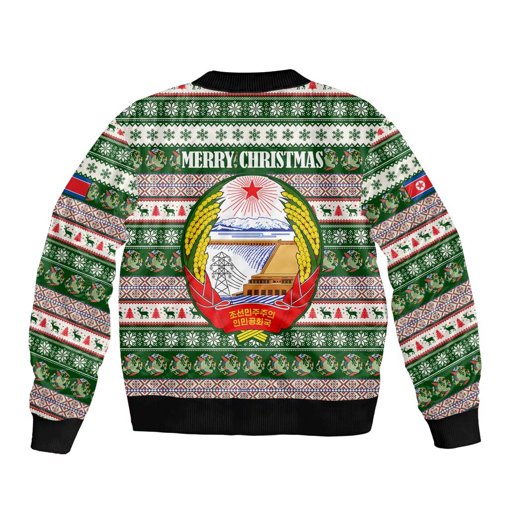 North Korea Christmas Sleeve Zip Bomber Jacket with Green-Red Design, National Emblem, and Festive Snowflake Motif - Wonder Print Shop