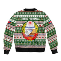 North Korea Christmas Sleeve Zip Bomber Jacket with Green-Red Design, National Emblem, and Festive Snowflake Motif - Wonder Print Shop