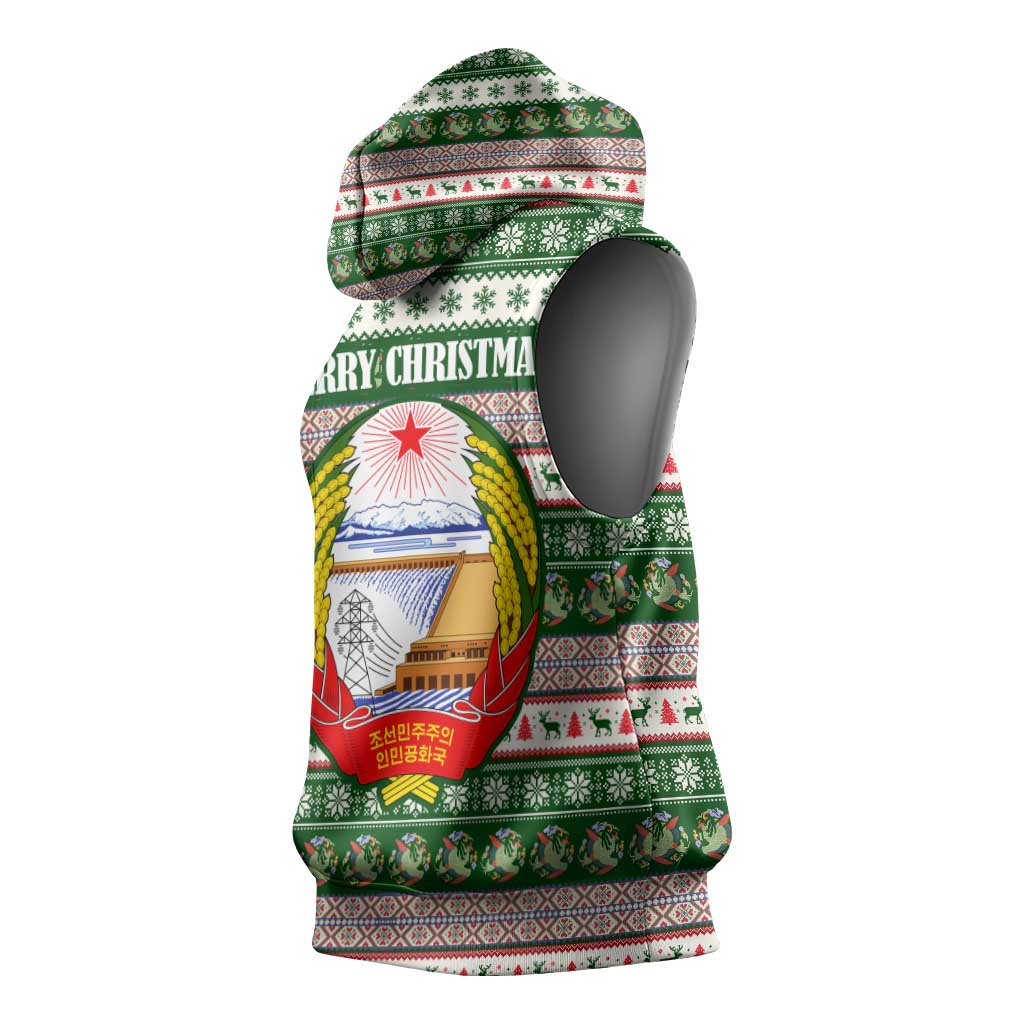 North Korea Christmas Sleeveless Hoodie with Green-Red Design, National Emblem, and Festive Snowflake Motif - Wonder Print Shop