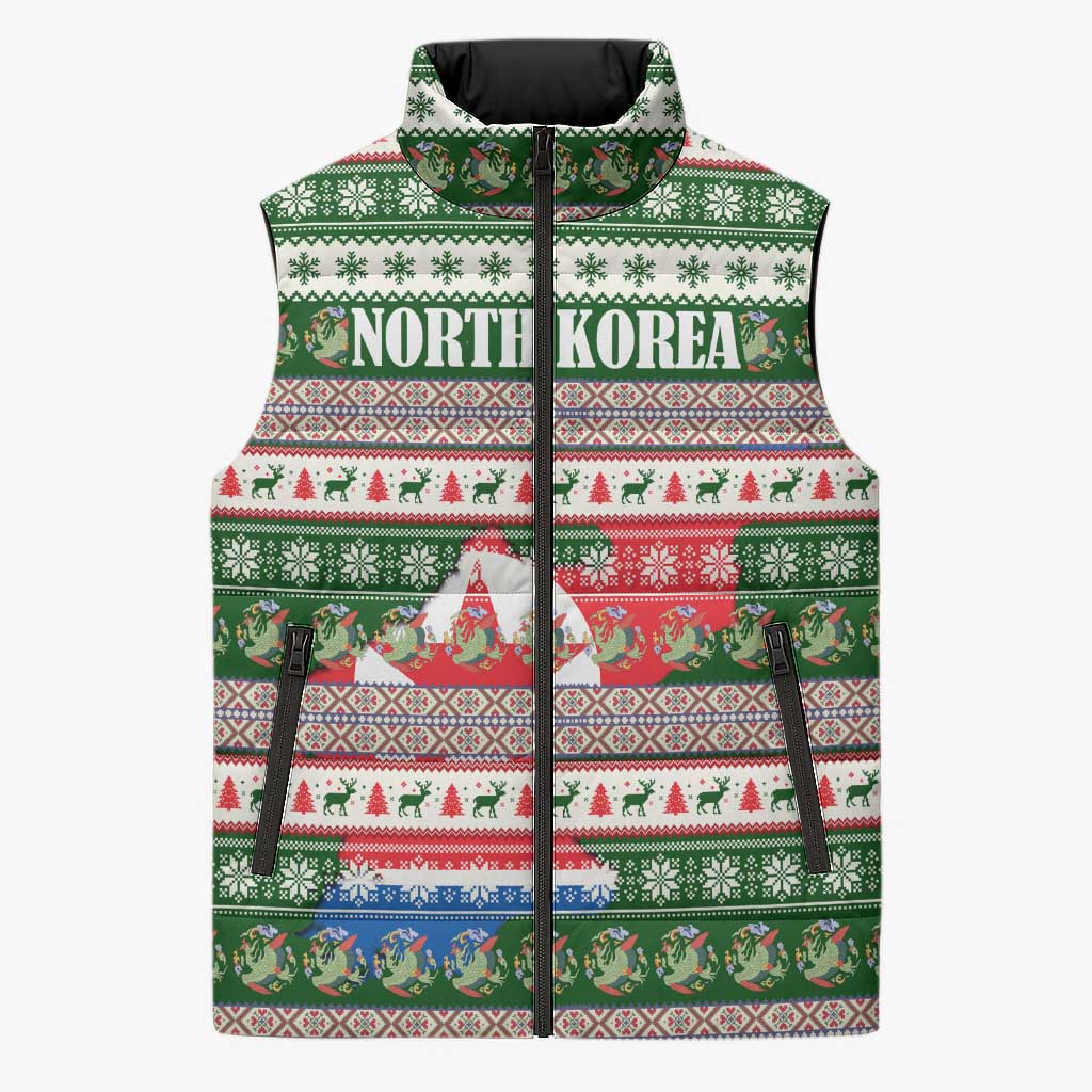 North Korea Christmas Sleeveless Puffer Jacket with Green-Red Design, National Emblem, and Festive Snowflake Motif - Wonder Print Shop