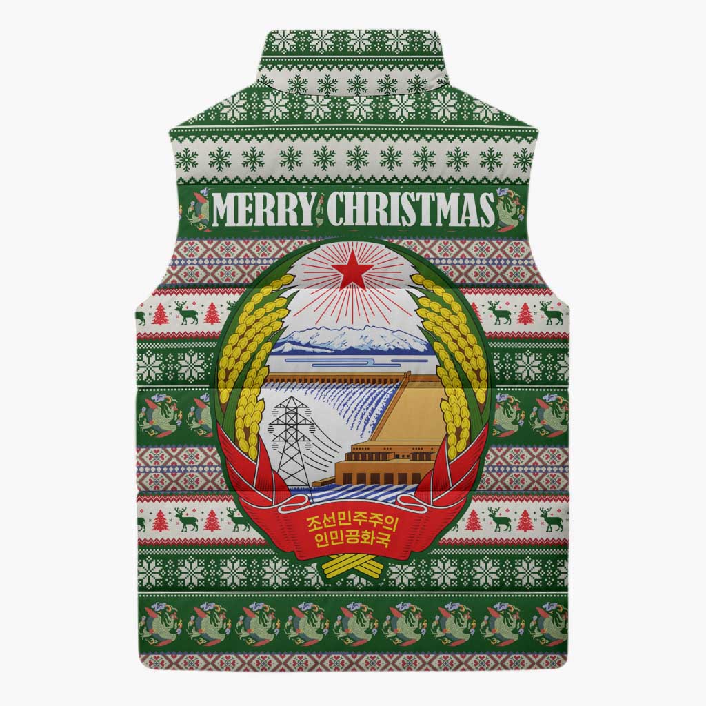 North Korea Christmas Sleeveless Puffer Jacket with Green-Red Design, National Emblem, and Festive Snowflake Motif - Wonder Print Shop