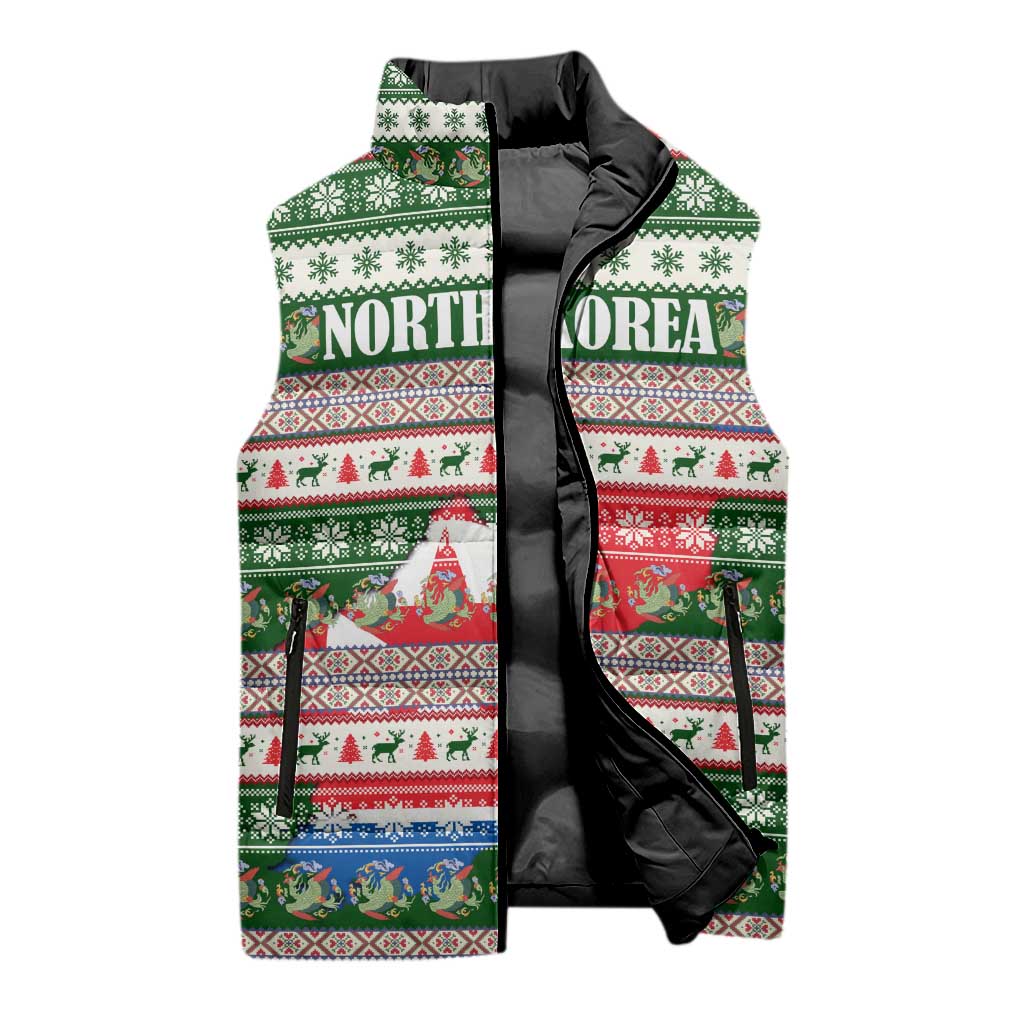 North Korea Christmas Sleeveless Puffer Jacket with Green-Red Design, National Emblem, and Festive Snowflake Motif - Wonder Print Shop