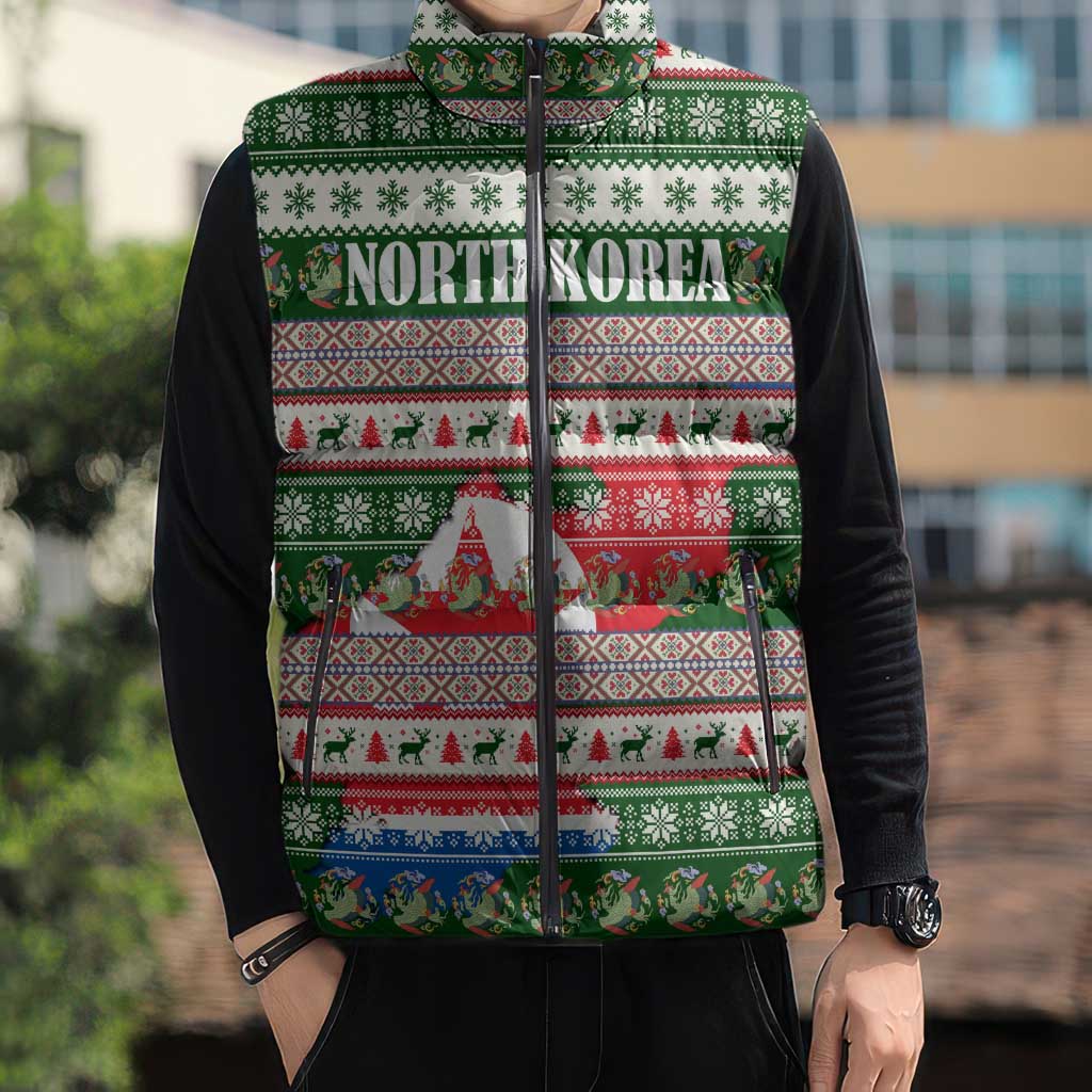 North Korea Christmas Sleeveless Puffer Jacket with Green-Red Design, National Emblem, and Festive Snowflake Motif - Wonder Print Shop