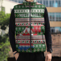 North Korea Christmas Sleeveless Puffer Jacket with Green-Red Design, National Emblem, and Festive Snowflake Motif - Wonder Print Shop