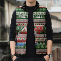 North Korea Christmas Sleeveless Puffer Jacket with Green-Red Design, National Emblem, and Festive Snowflake Motif - Wonder Print Shop