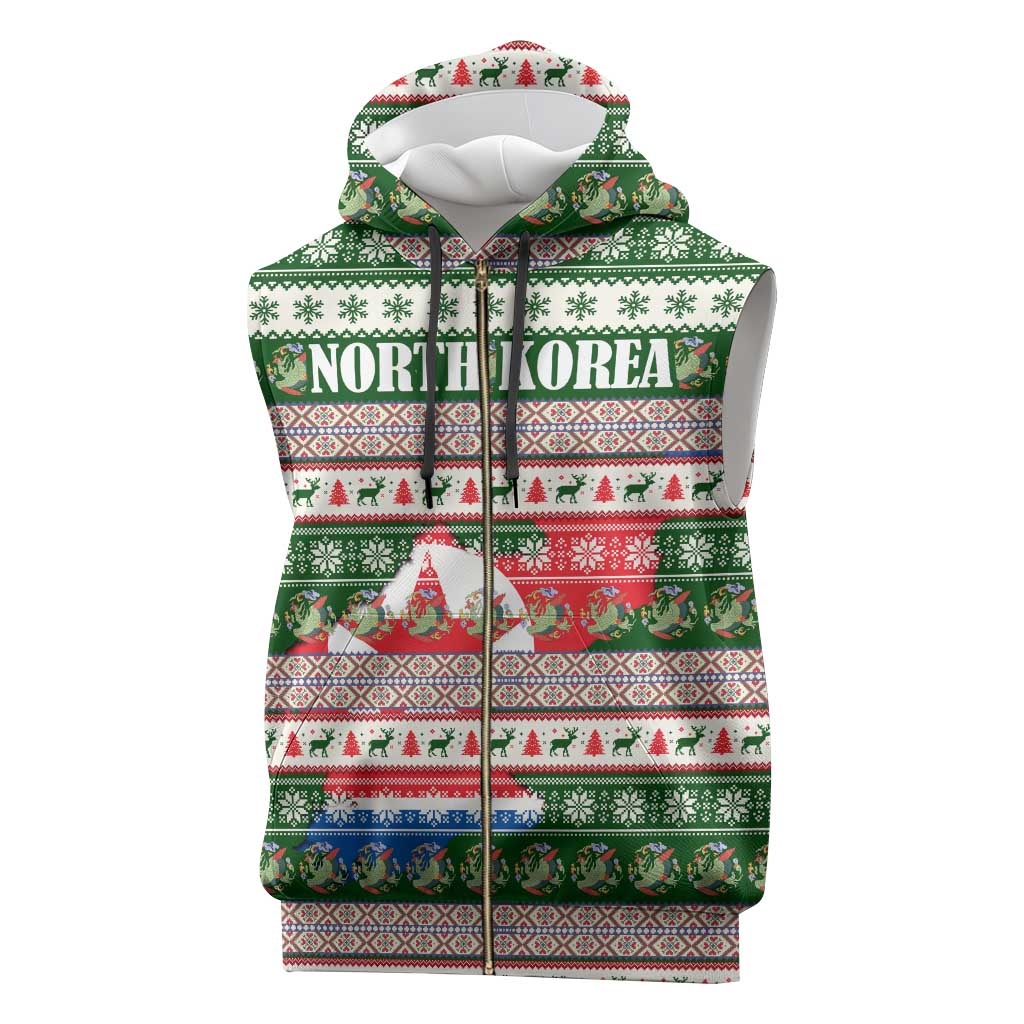 North Korea Christmas Sleeveless Zip Hoodie with Green-Red Design, National Emblem, and Festive Snowflake Motif - Wonder Print Shop