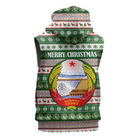 North Korea Christmas Sleeveless Zip Hoodie with Green-Red Design, National Emblem, and Festive Snowflake Motif - Wonder Print Shop
