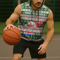 North Korea Christmas Sleeveless Zip Hoodie with Green-Red Design, National Emblem, and Festive Snowflake Motif - Wonder Print Shop