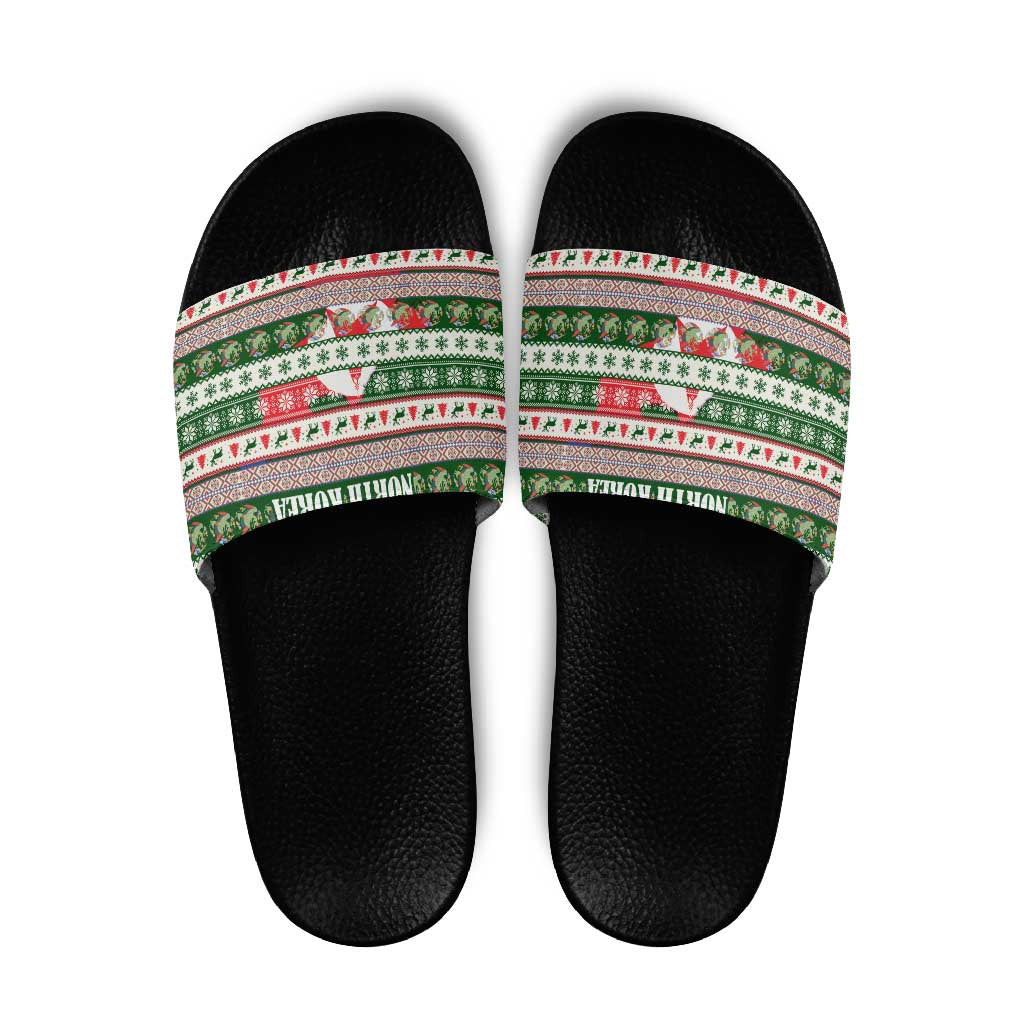 North Korea Christmas Slide Sandals with Green-Red Design, National Emblem, and Festive Snowflake Motif - Wonder Print Shop