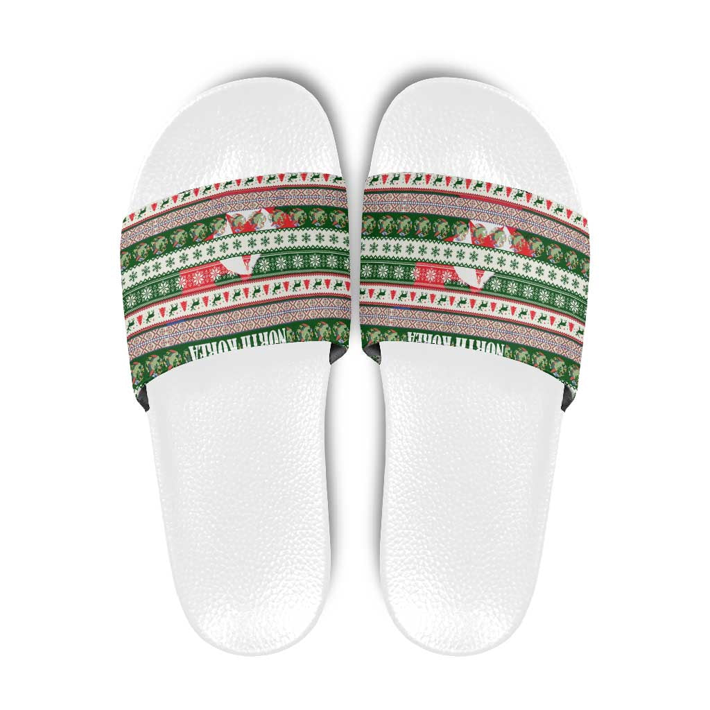 North Korea Christmas Slide Sandals with Green-Red Design, National Emblem, and Festive Snowflake Motif - Wonder Print Shop