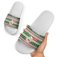 North Korea Christmas Slide Sandals with Green-Red Design, National Emblem, and Festive Snowflake Motif - Wonder Print Shop