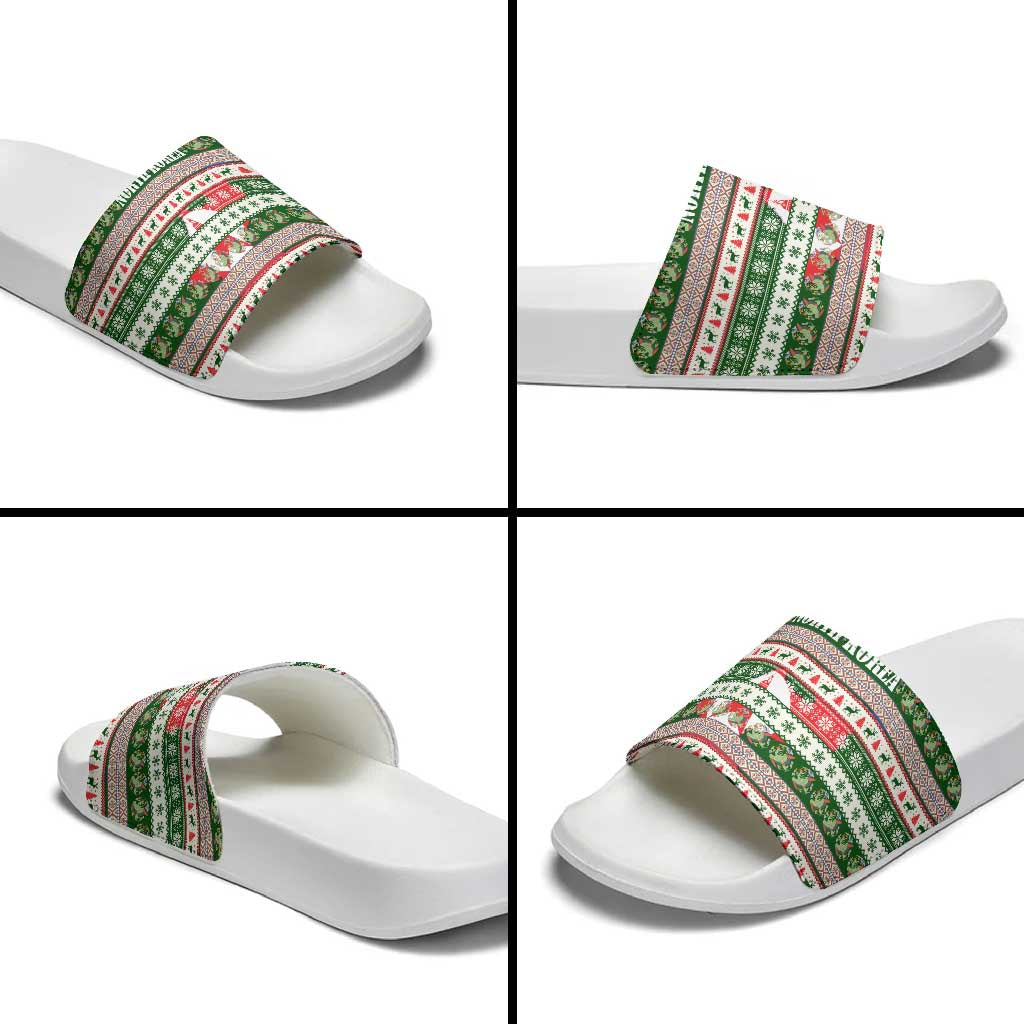 North Korea Christmas Slide Sandals with Green-Red Design, National Emblem, and Festive Snowflake Motif - Wonder Print Shop