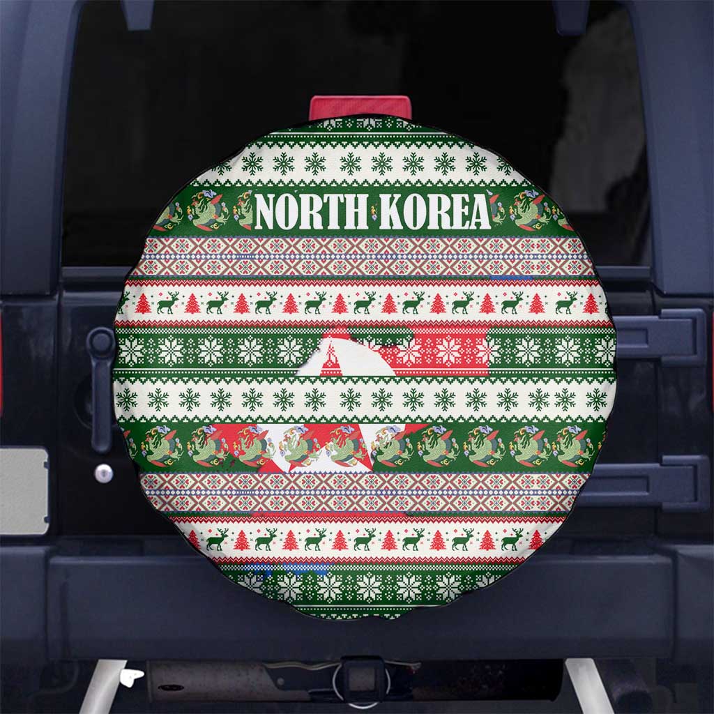 North Korea Christmas Spare Tire Cover with Green-Red Design, National Emblem, and Festive Snowflake Motif - Wonder Print Shop