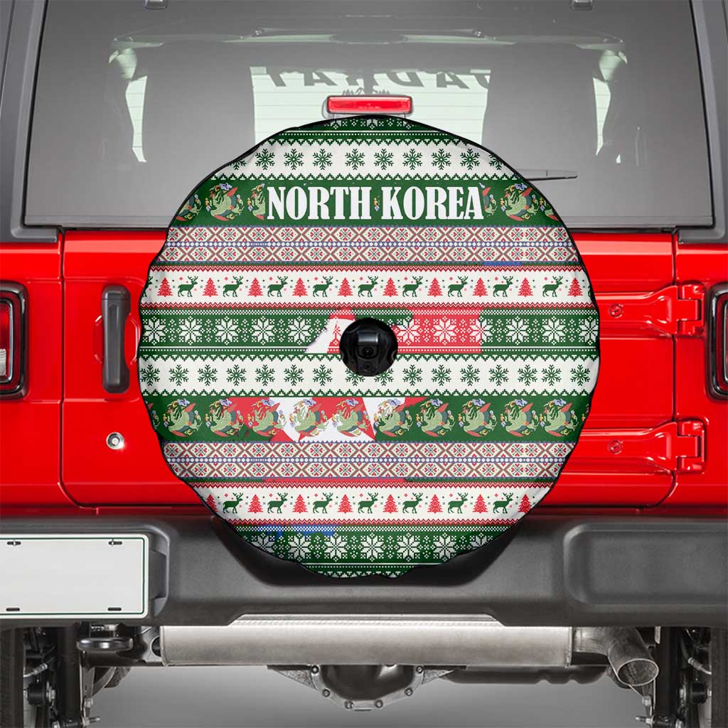 North Korea Christmas Spare Tire Cover with Green-Red Design, National Emblem, and Festive Snowflake Motif - Wonder Print Shop