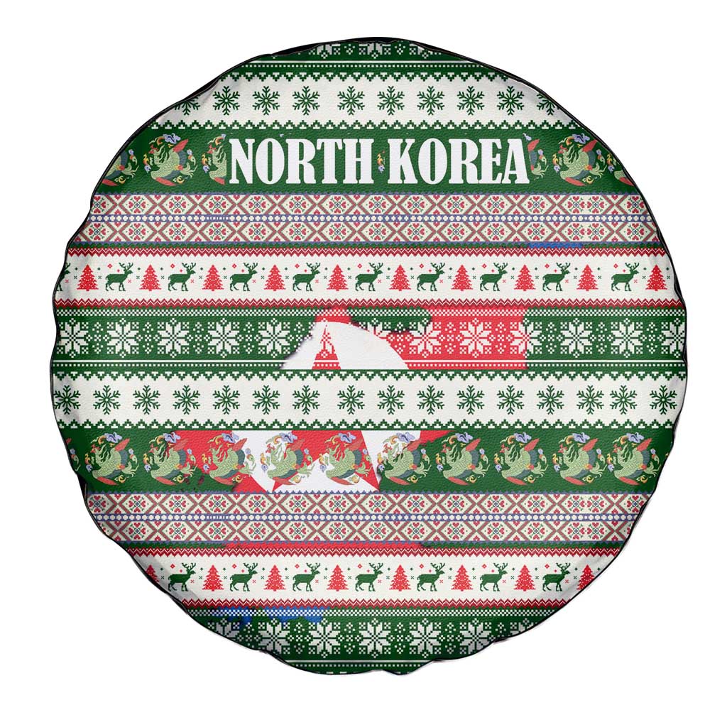 North Korea Christmas Spare Tire Cover with Green-Red Design, National Emblem, and Festive Snowflake Motif - Wonder Print Shop