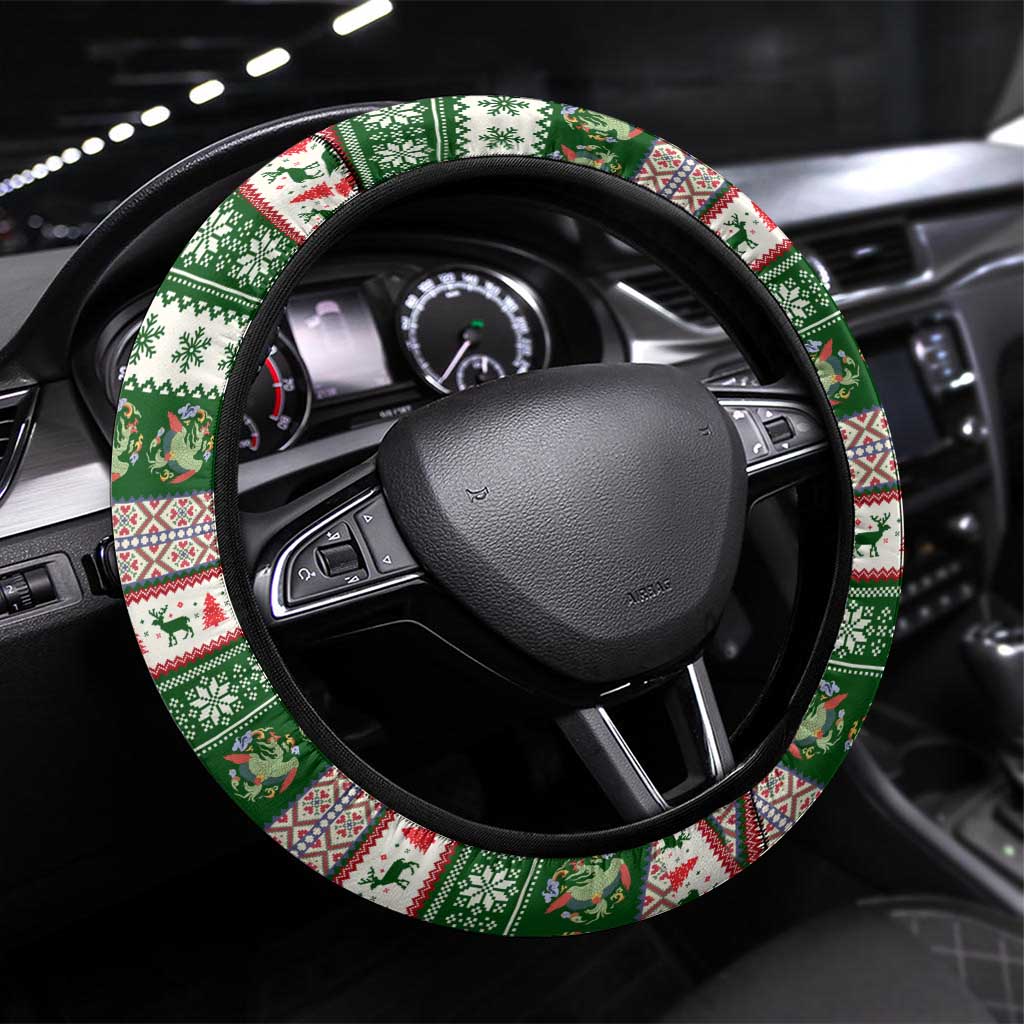 North Korea Christmas Steering Wheel Cover with Green-Red Design, National Emblem, and Festive Snowflake Motif - Wonder Print Shop