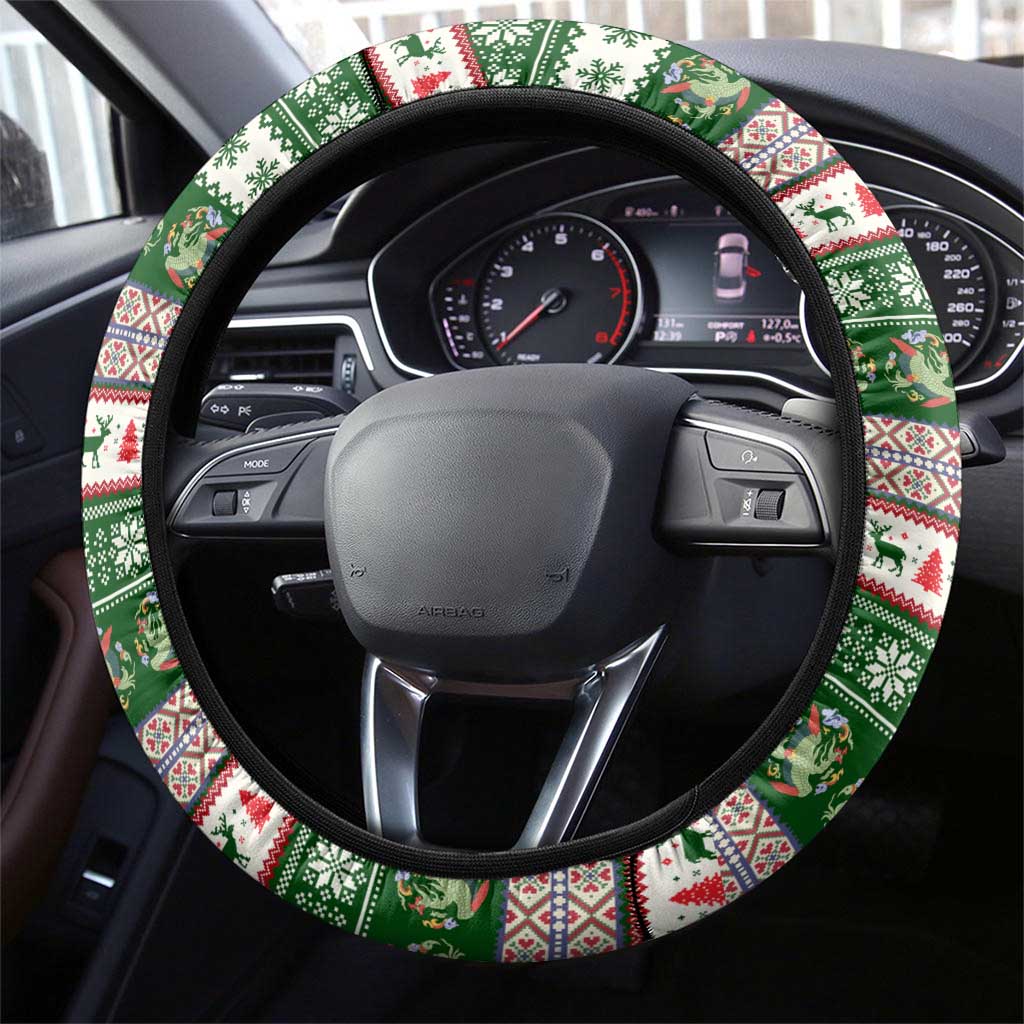 North Korea Christmas Steering Wheel Cover with Green-Red Design, National Emblem, and Festive Snowflake Motif - Wonder Print Shop