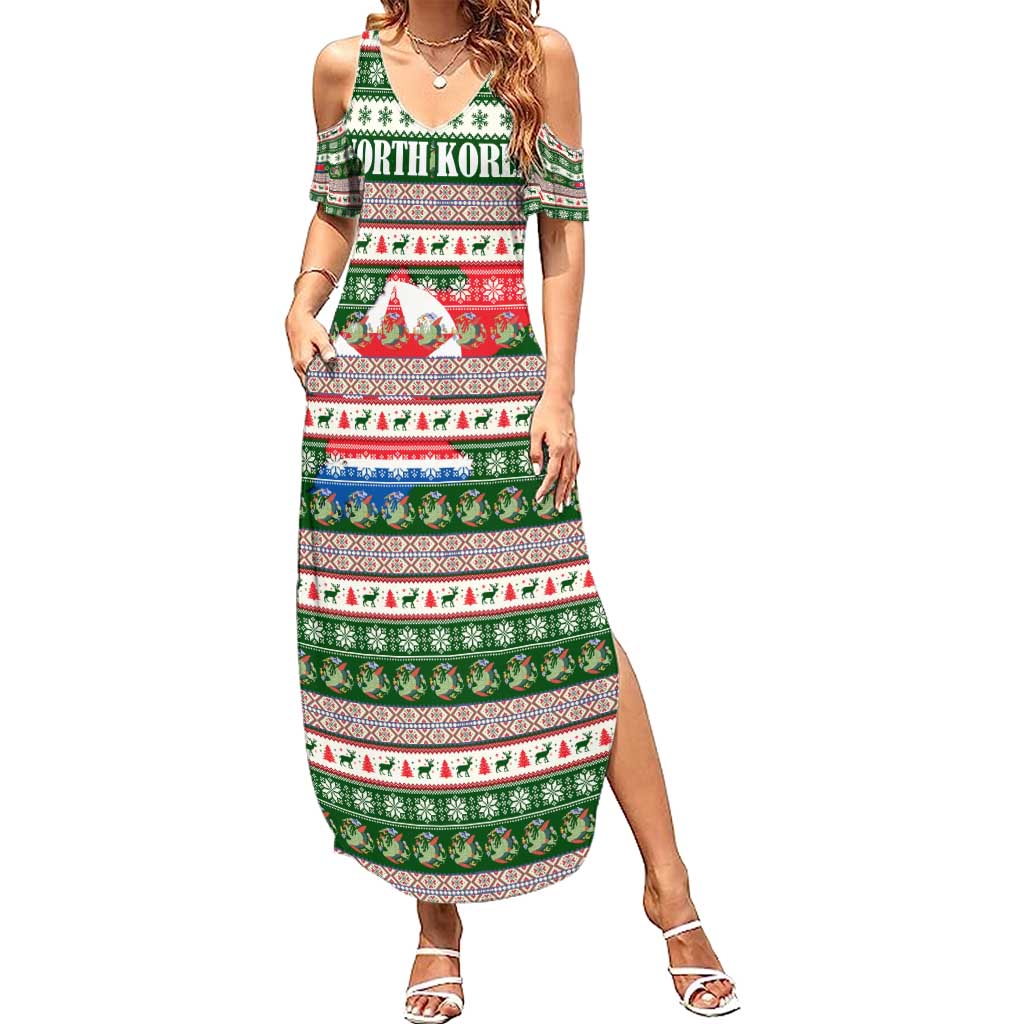 North Korea Christmas Summer Maxi Dress with Green-Red Design, National Emblem, and Festive Snowflake Motif - Wonder Print Shop