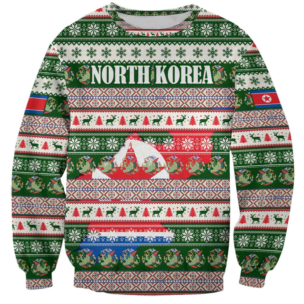 North Korea Christmas Sweatshirt with Green-Red Design, National Emblem, and Festive Snowflake Motif - Wonder Print Shop