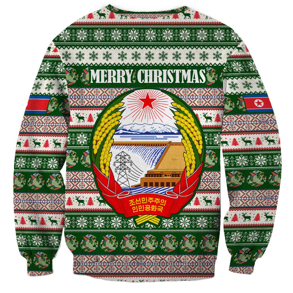 North Korea Christmas Sweatshirt with Green-Red Design, National Emblem, and Festive Snowflake Motif - Wonder Print Shop