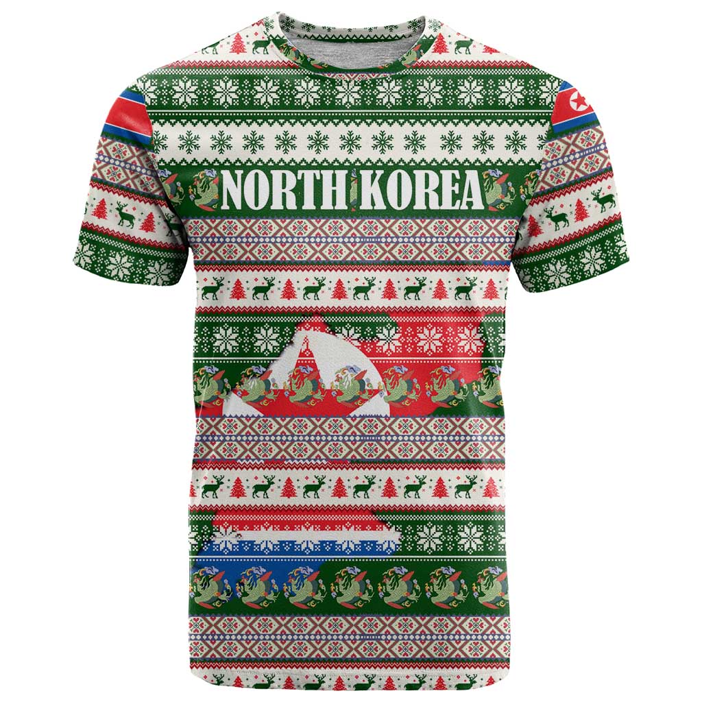 North Korea Christmas T Shirt with Green-Red Design, National Emblem, and Festive Snowflake Motif - Wonder Print Shop