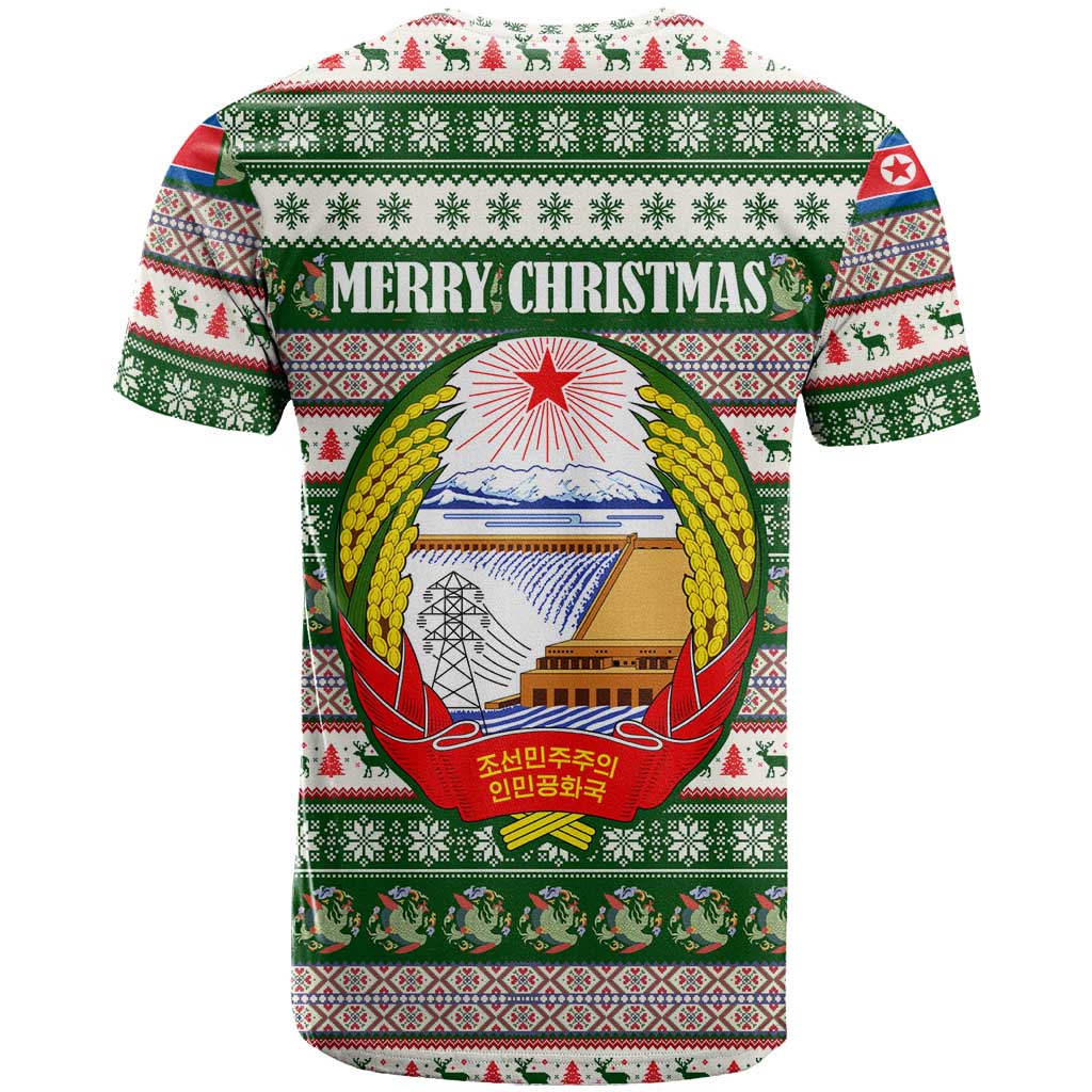 North Korea Christmas T Shirt with Green-Red Design, National Emblem, and Festive Snowflake Motif - Wonder Print Shop