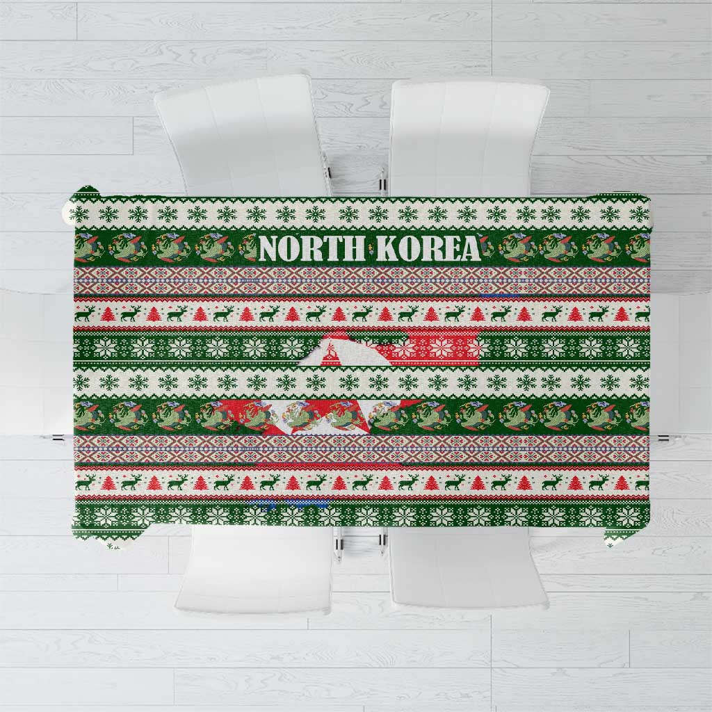 North Korea Christmas Tablecloth with Green-Red Design, National Emblem, and Festive Snowflake Motif - Wonder Print Shop