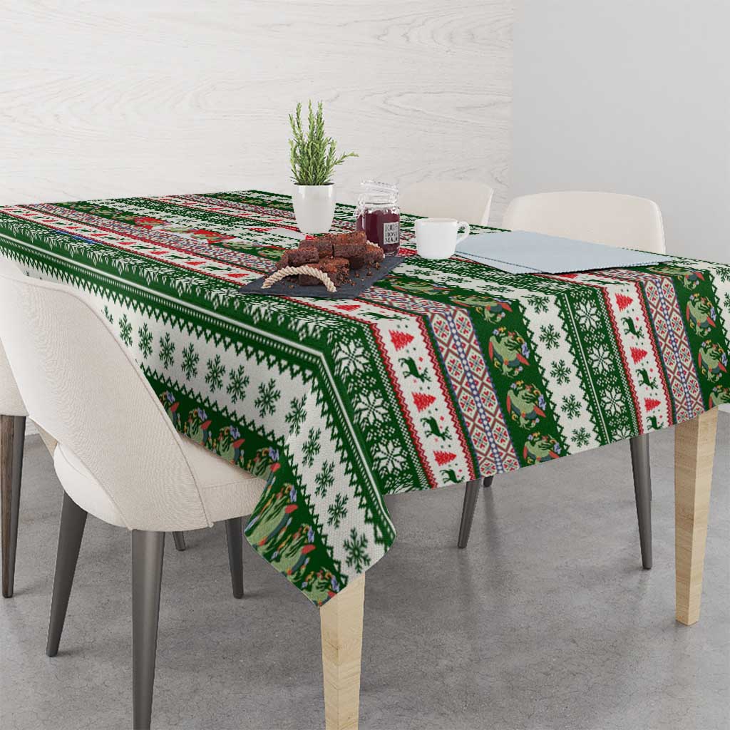 North Korea Christmas Tablecloth with Green-Red Design, National Emblem, and Festive Snowflake Motif - Wonder Print Shop
