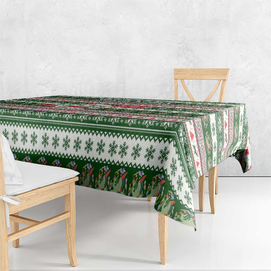 North Korea Christmas Tablecloth with Green-Red Design, National Emblem, and Festive Snowflake Motif - Wonder Print Shop