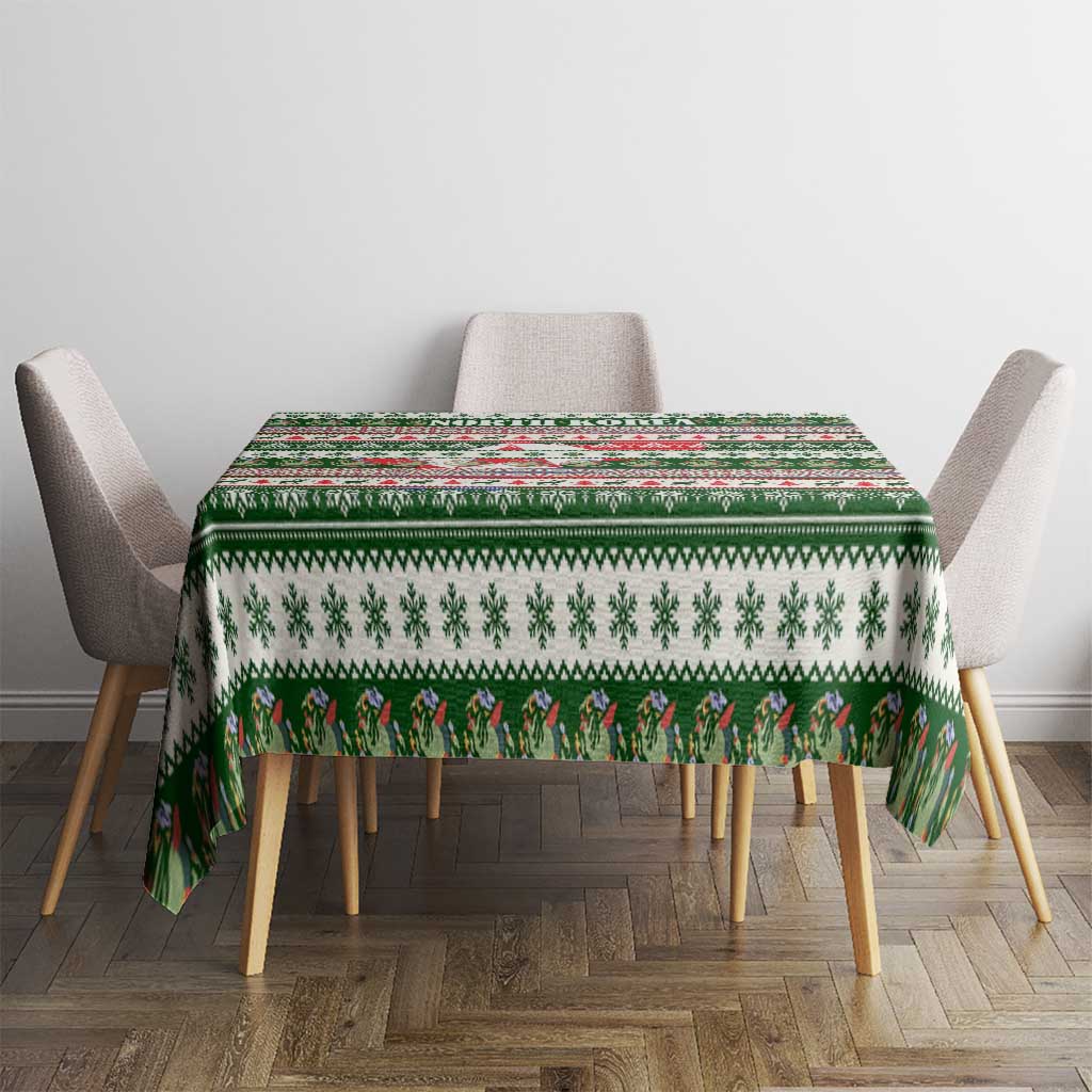 North Korea Christmas Tablecloth with Green-Red Design, National Emblem, and Festive Snowflake Motif - Wonder Print Shop