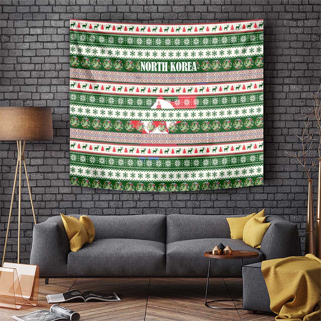 North Korea Christmas Tapestry with Green-Red Design, National Emblem, and Festive Snowflake Motif - Wonder Print Shop