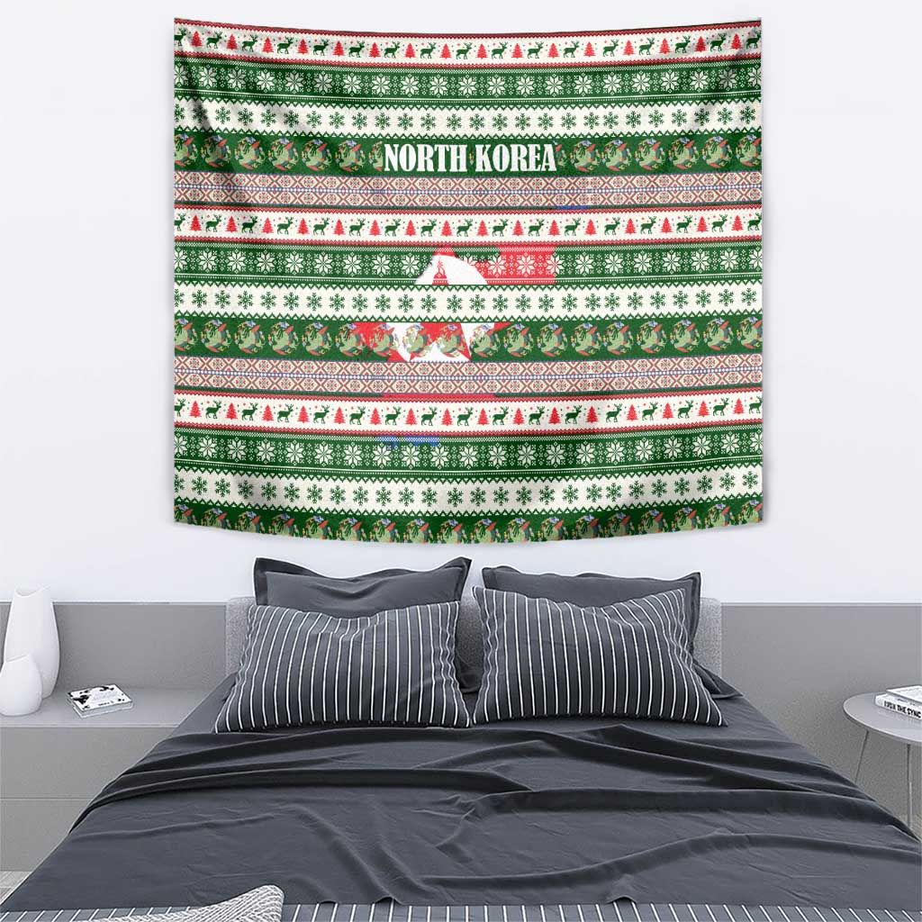 North Korea Christmas Tapestry with Green-Red Design, National Emblem, and Festive Snowflake Motif - Wonder Print Shop