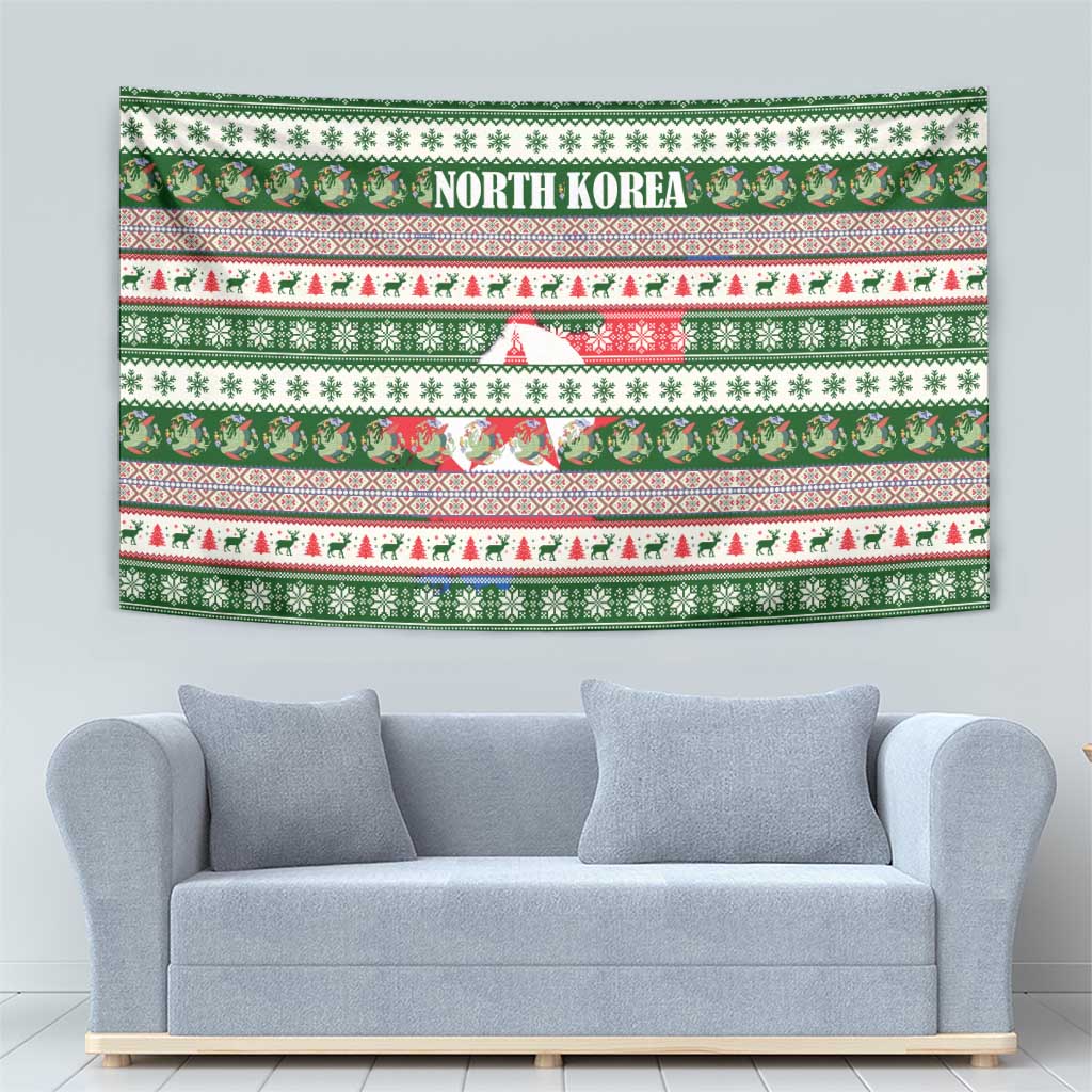 North Korea Christmas Tapestry with Green-Red Design, National Emblem, and Festive Snowflake Motif - Wonder Print Shop