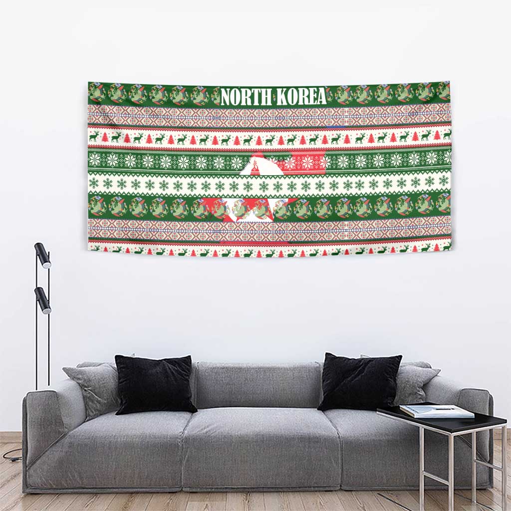 North Korea Christmas Tapestry with Green-Red Design, National Emblem, and Festive Snowflake Motif - Wonder Print Shop